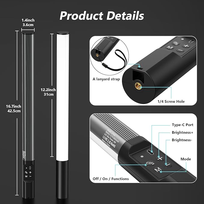 Handheld RGB Studio Tube Light with 1000 Lumens & Rechargeable 2600mAh Battery & Adjustable Brightness & Color, LED Light Stick for Photography, Video, Gaming