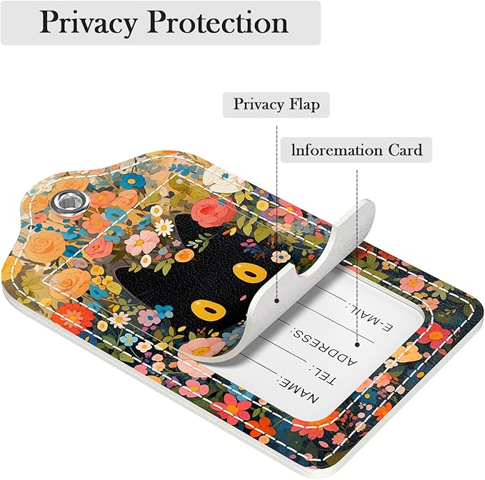 Luggage Tags for Suitcase, 2 Pack PU Leather Travel Cruise Luggage Tag with Privacy Flap, Name ID Label and Metal Loop for Women Men Girls Suitcase Baggage Bag Backpack, Kitten Flowers