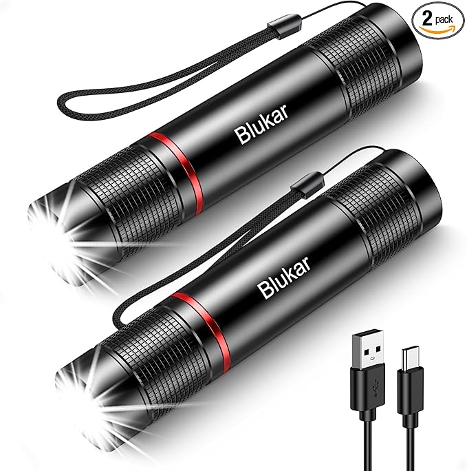 Blukar LED Flashlight Rechargeable 2 Pack, Super Bright Adjustable Focus Handheld Flashlights, 4 Lighting Modes, Waterproof Pocket Size Torch for Camping, Hiking, Outdoor, Emergency-Black