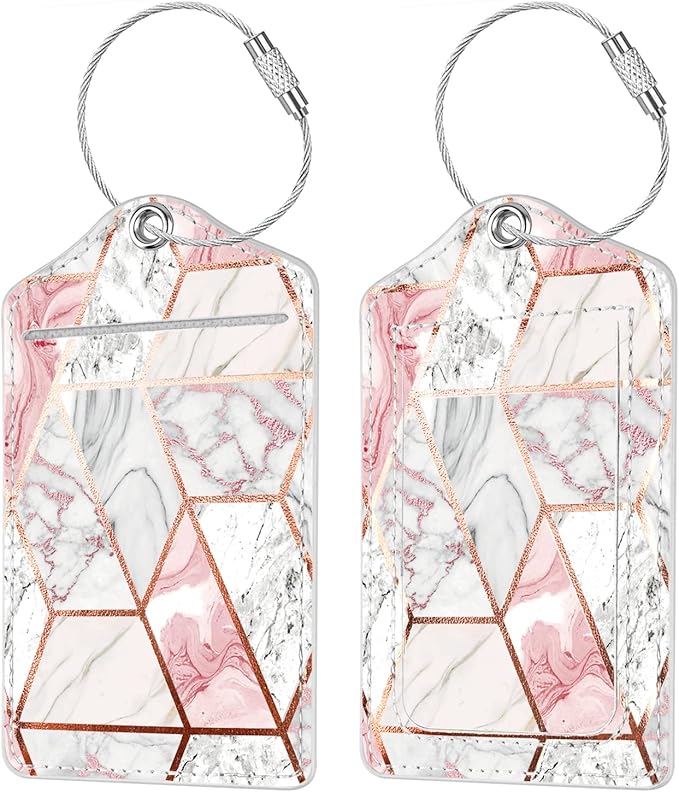(Set of 2) Luggage Tag Leather Privacy Cover ID Label Address Card with Stainless Steel Loop, Travel Bag Tags Suitcase Labels,Gold Pink Marble