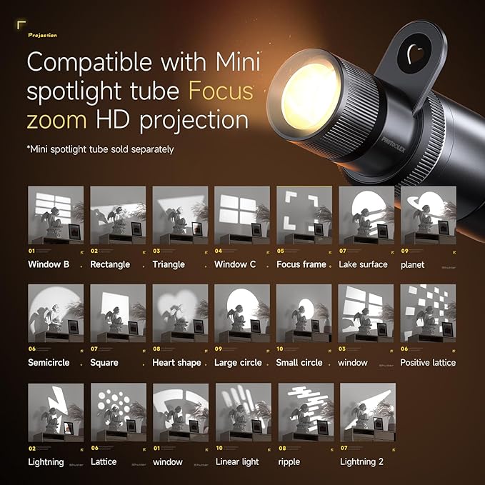 PHOTOOLEX PRO 12W Portable RGB Photography Spotlight, 360 ° Full Color Photography Flashlight Gobo Light, Conical Optical Snoot Kit with 20 Metal Filters/9000mAh/3 Lens/CRI 96+/12 Effects, APP Control