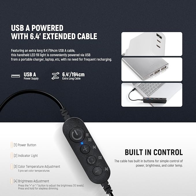 NEEWER BASICS 10W Handheld LED Fill Light 23.6"/60cm, Bi Color Portable Inflatable TPU Tube Lighting, 2700K-5600K CRI95 6.4' Cable USB A Powered for Studio Photography Video Recording Streaming, GC10B