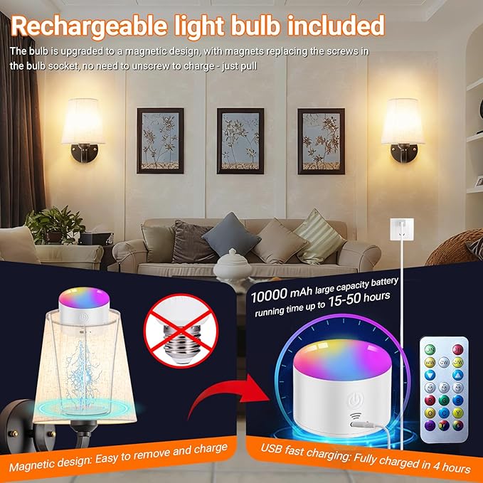 Peel and Stick Wall Sconces, No Drilling Stick On Wall Sconce, Wireless Battery Operated Wall Lights, Adhesive Wall Lamp with 10000mAh Battery Bulb for Bedroom Living Room Decor