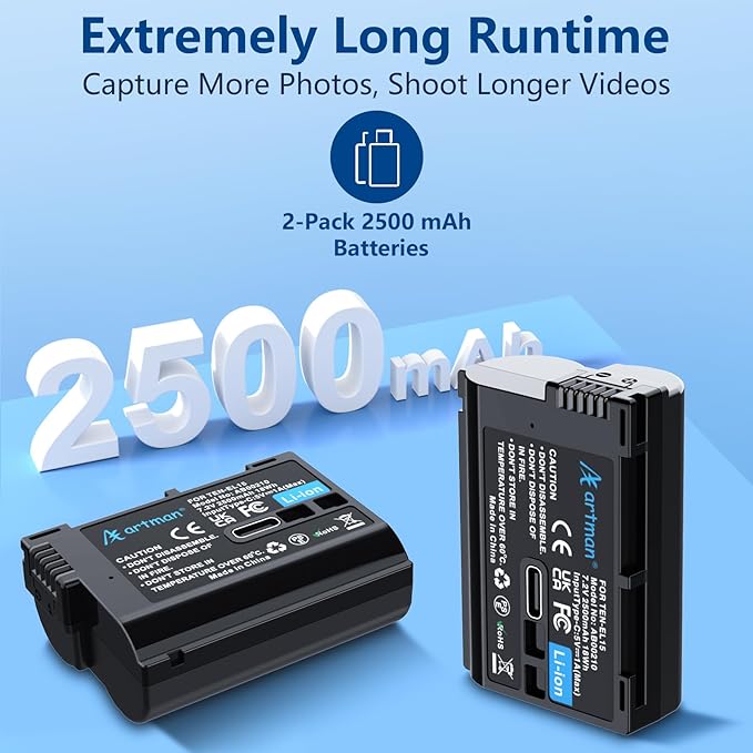 Artman EN-EL15C Battery 2-Pack 2500mAh with 2in1 USB-C Charging Cable, EN-EL15 Battery for Nikon Z8 Zf Z5 Z6 Z6 II Z7 Z7II D7000 D7200 D7500 D600 D610 D750 D780 D800 D850 D800E D810 D810A 1 V1 Cameras