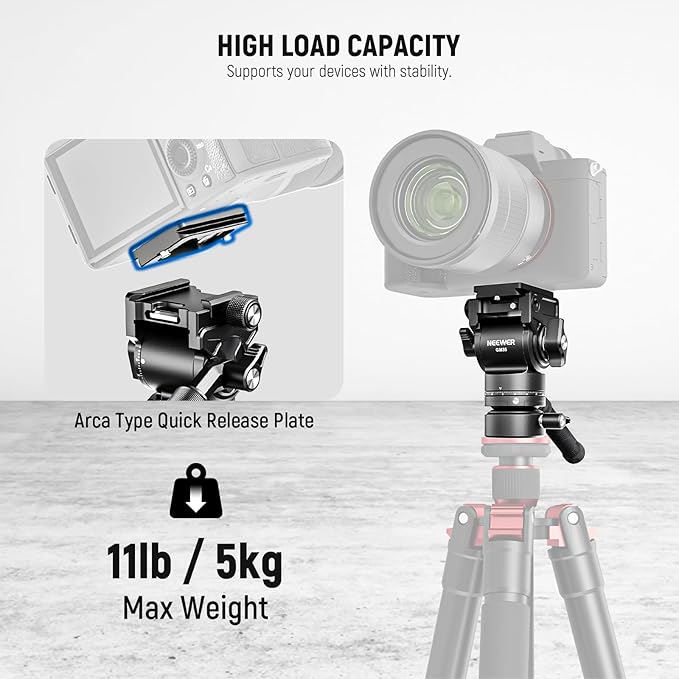 NEEWER Tripod Fluid Head with +/-7° Leveling Base (φ48mm), Metal Mini Pan Tilt Video Head Mount with Arca Type QR Plate, Telescopic Handle for Compact Video Camera DSLR Camera, Max Load 11lb/5kg, GM35