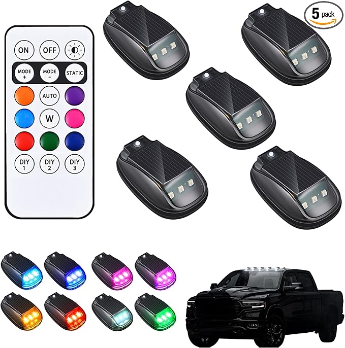 2/4/5PCS Solar Cab Lights for Truck, 2026 New Solar Car Roof RGB Strobe Light, No Drill Solar Powered Cab Lights, with Remote Control, Vibration, for Truck SUV Rvs (5PCS)