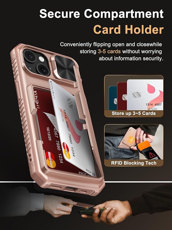 Vihibii for iPhone 15/14/13 Case with Card Holder (4 Cards), [RFID Blocking] & Slide Lens Camera Cover, Military Grade Drop Protection, Rugged Heavy Duty Wallet Case, Rose Gold