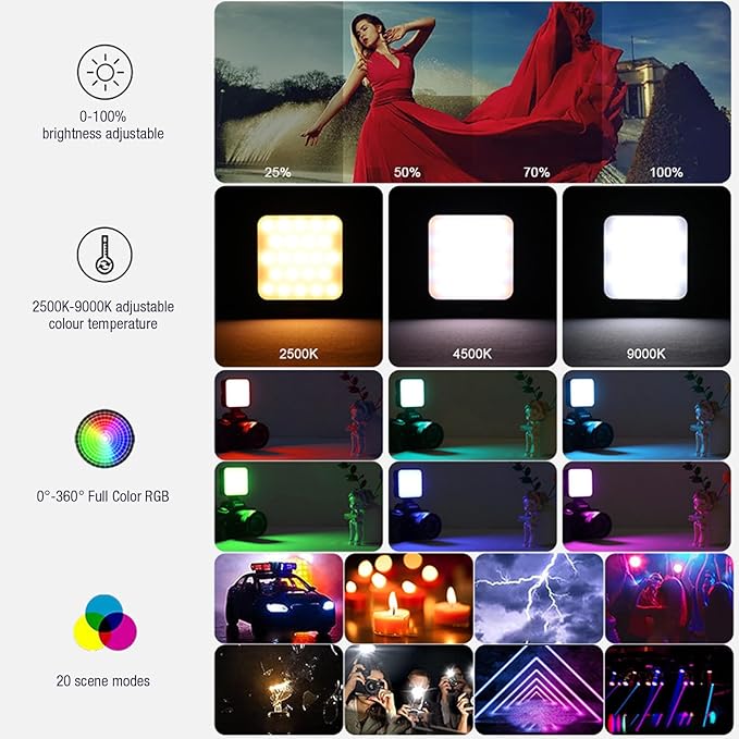 65 LEDs RGB Video Light, 3 Cold Shoe Mounts, 2500K-9000K Adjustable Color Temperature, 1200mAh Rechargeable LED Camera Light for Live Broadcast, Home Theater and Commercial Use