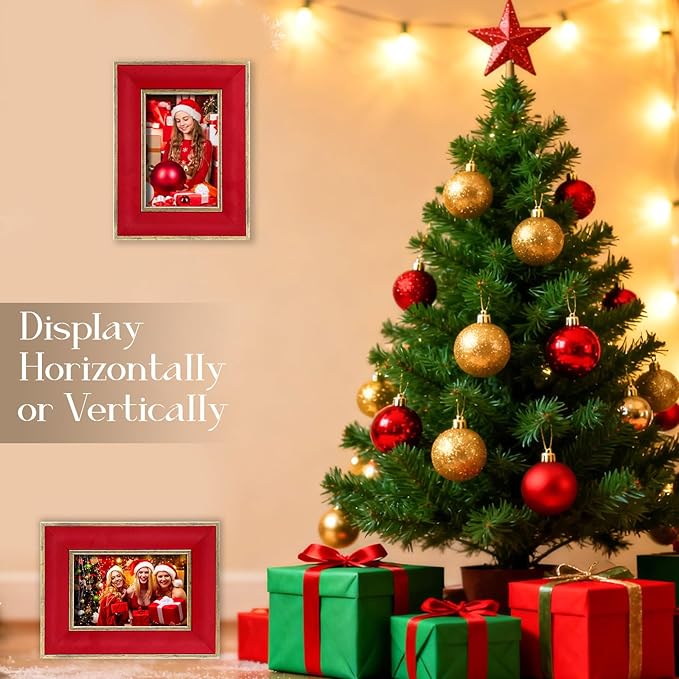Kathfly 2 Pcs Red Velvet Picture Frame 4 x 6 Inch Vintage Photo Frame with Gold Metal Edge Horizontal & Vertical Mount for Poster Artwork Puzzles Tabletop Wall Display Christmas Home Office Decor