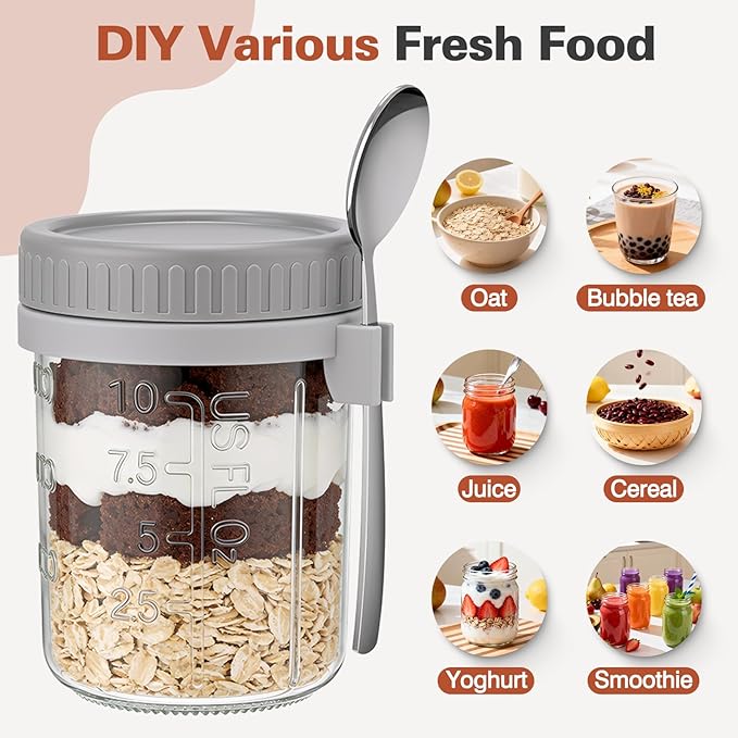 Cozyverge 6 Pack Overnight Oats Containers with Lids and Spoons, 16 oz Airtight Oatmeal Container with Measurement Marks, Overnight Oats Jars Large Capacity Airtight Jars for Milk, Cereal, Fruit