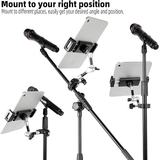 Tablet Holder for Microphone Stand, Aluminum Mic Music Stand Mount for iPad and iPhone, Adjustable Tablet Holder with Super Handle Clamp Compatible with 4.7 to 13 inch Tablets & Phones