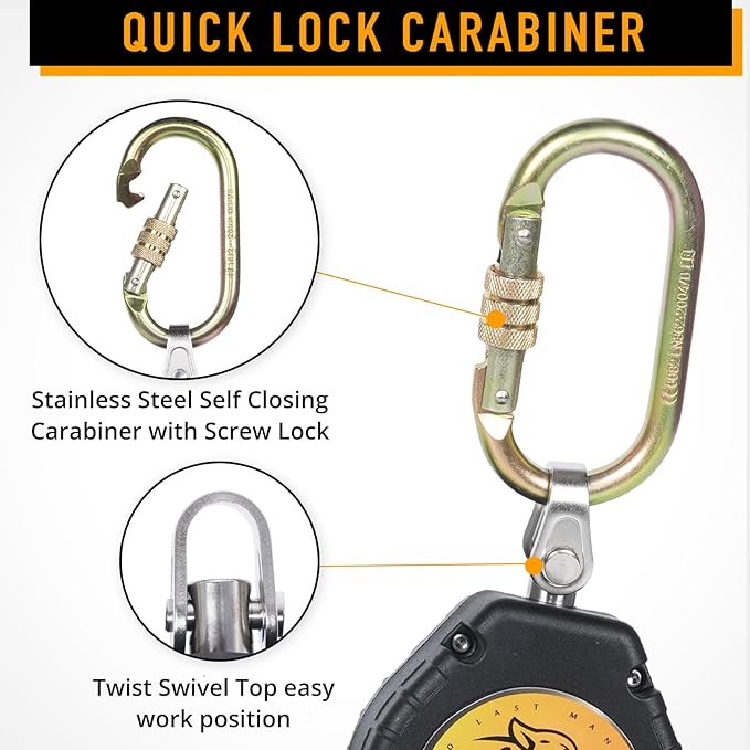 TRSMIMA Fall Protection Retractable Lanyard - 6FT Construction Self-Retracting Lanyard Fall Arrest Safety Roofing Heavy Duty Leading Positioning ANSI