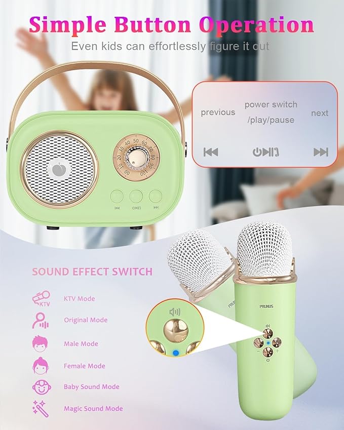 PRUNUS C20 Mini Karaoke Machine,Valentines Day Gifts for Her Him Kids Mens,Portable Bluetooth Speaker with 2 Wireless Microphone for Boys Girls 3-12+ Years Old Birthday Party Green