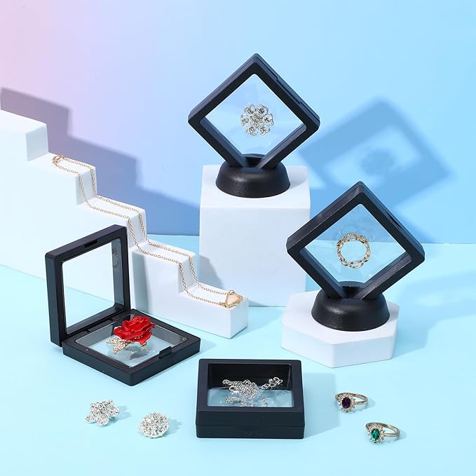 60 Pcs 3D Floating Display Case PE Film Jewelry Storage Box Coins Display Frame Holder Stands for Antique Challenge Coins, Medallion Shells Gems Rocks Pins (Black,2.76 Inch)