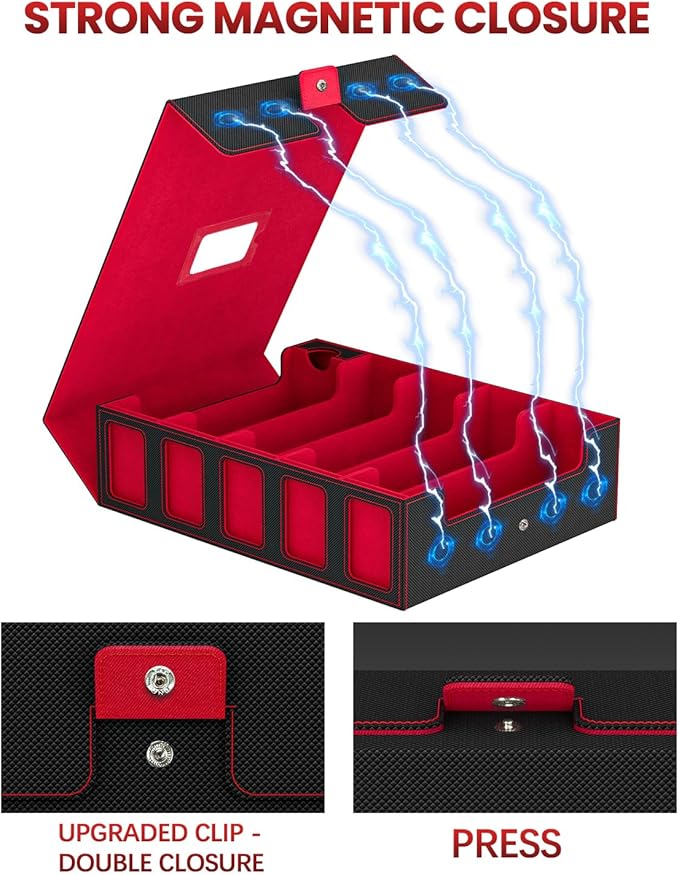 Trading Card Storage Box, 5 Row Card Deck Case with Commander Display & Portable Handle, 4200+ Card Deck Boxes Compatible for MTG TCG Magic Cards, 30 Divider, 8 Supporters, 1 Dice Tray (Black & Red)