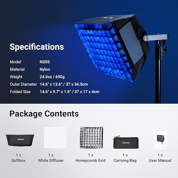 NEEWER Upgraded Softbox Diffuser Only for NEEWER RGB1200 Video Light, 14.6"x13.6"/37x34.5cm Foldable Soft Box with Grid/Bag/Blackout Hood, Quick Set Up for Portrait Studio Photography Lighting, NS5S