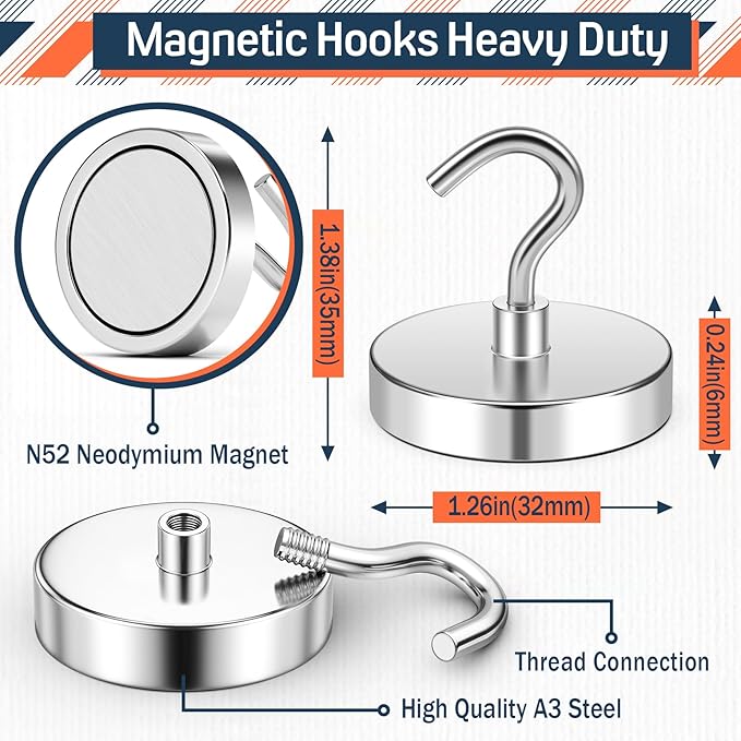 FINDMAG Magnetic Hooks for Cruise Cabins, 110lbs Cruise Ship Magnetic Hooks for Hanging Heavy Duty, Magnet Wall, Refrigerator Magnets, Locker Organizer, Locker Organization, 10 Pack, Silver