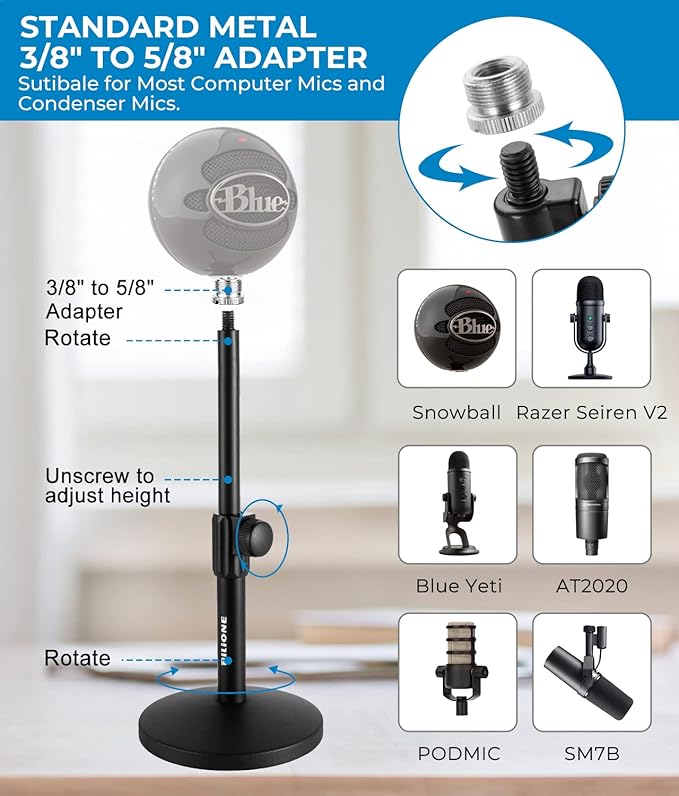 BILIONE Multifunctional Desktop Microphone Stand, Adjustable Mic Stand Desk with Pop Filter, Shock Mount, Microphone Clip, 5/8" to 3/8" Metal Screw Adapter (Pack of 2)