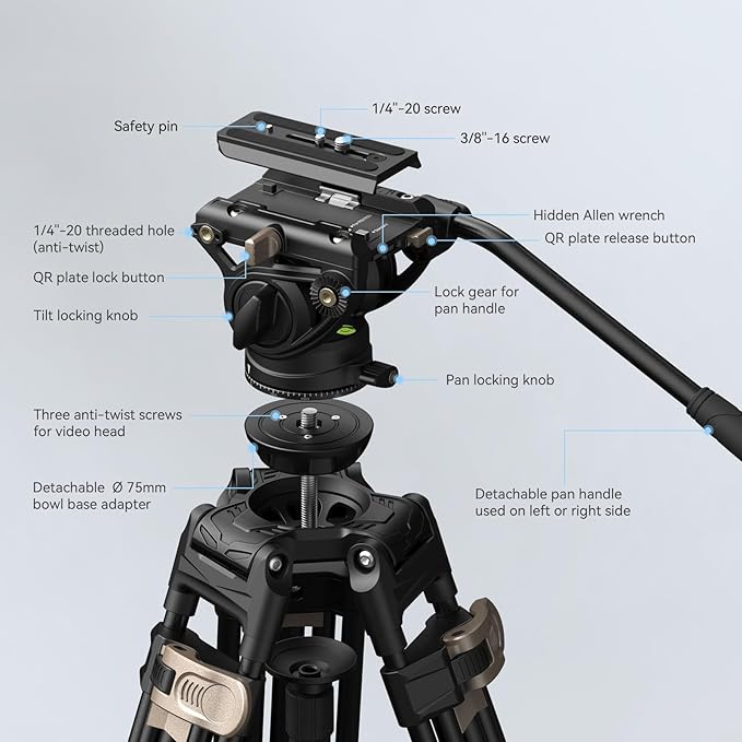 SmallRig AD-80 FreeBlazer Heavy-Duty Video Tripod System, 75" Tall, Fluid Head, One-Step Height Adjust, Dual-Mode QR Plate, Load up to 17lbs, Professional Tripod for Camera