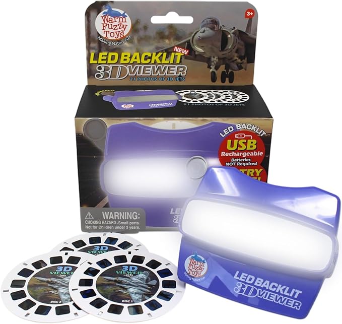 WARM FUZZY Toys LED Backlit 3D Viewer – (Jets) – New 2025 USB-C Rechargeable Slide Viewer for Kids & Adults Includes 3 Reels with 21 HD 3D Images – Patent-Pending Retro Toy, No Light Source Needed