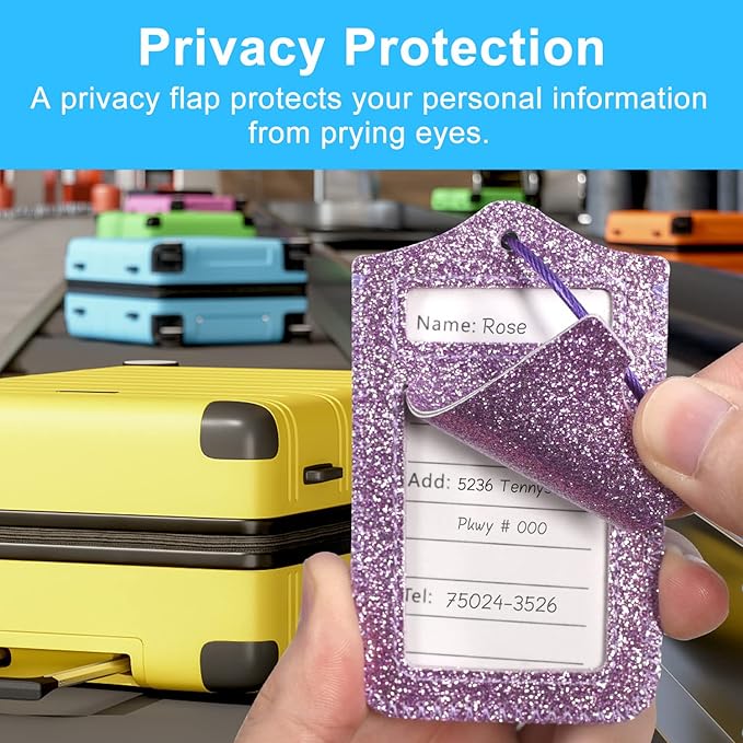 ACdream Luggage Tags 2 Pack, Leather Suitcase Tags Identifiers, Cute Cruise ID Labels with Privacy Cover fits on Backpack, Travel Bag, for Women, Men, Adults, Kids, Glitter Purple