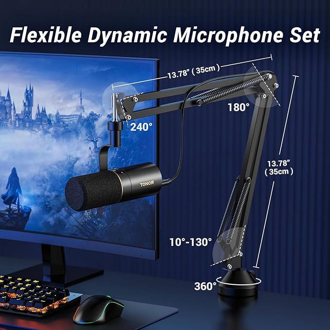 TONOR Dynamic Podcast Microphone, XLR/USB Mic for Podcasting, Recording, Streaming, XLR Cardioid Studio Mic with Quick Mute, 3.5mm Headphone Jack, Volume Control, Microfono with Boom Arm, Black,TD510+