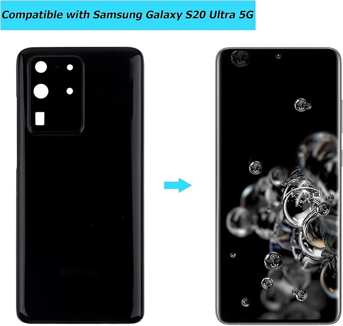 Replacement Battery Door Cover Back Cover Kompatibel for Samsung Galaxy S20 Ultra 5G SM-G988B SM-G988N SM-G988U SM-G988W Cosmic Black Akkudeckel with Camera Lens and Waterproof Glue