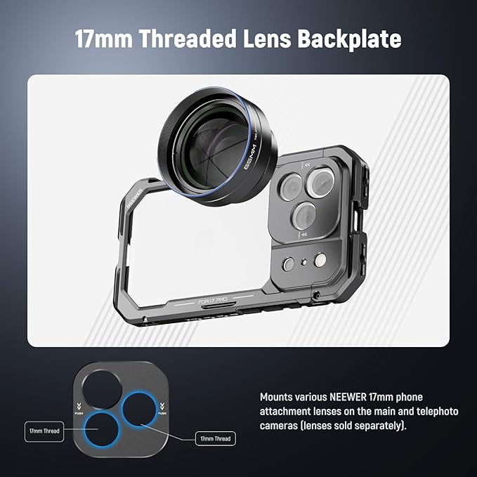 NEEWER 17 Pro Cage, Quick Release Video Rig Phone Stabilizer Compatible with iPhone 17 Pro with 67mm Filter Ring, 17mm Lens Backplate, T Mount Adapter Compatible with Moment, Black, PA143