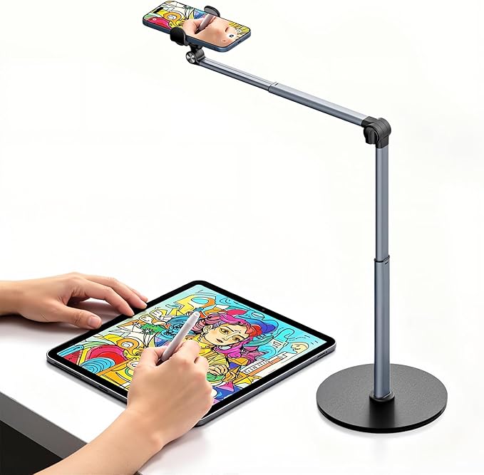 MoKo Overhead Tripod for iPhone, Heavy Duty Aluminum Overhead Phone Mount, Angle & Height Adjustable, Telescopic Arm, Overhead Phone Stand for Recording, Live Streaming, Cooking, Filming (Clip)