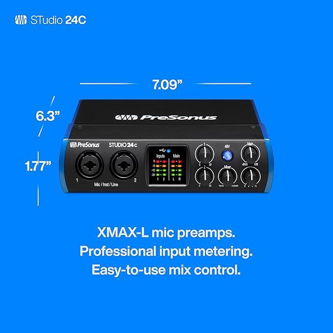 PreSonus Studio 24c 2x2, 192 kHz, USB Audio Interface with Studio One DAW Recording Software