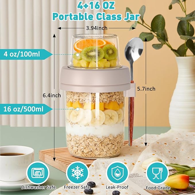 4 Pack Overnight Oats Containers with Lids and Spoons, 20 oz (16+4) Overnight Oats Jars with Dry and Wet Separation for Oatmeal Cereal Fruit Salad Yogurt, Dual-Layer Yogurt Parfait Cups with Lids