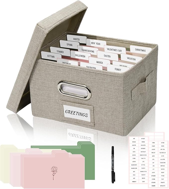 Hiwhy Greeting Card Storage Box, Linen Storage Box with 16 Adjustable Dividers, 84 Labels, 1 Marker Pen, Perfect for Organizing Greeting Cards, Envelopes, Photos 1 Pack Beige