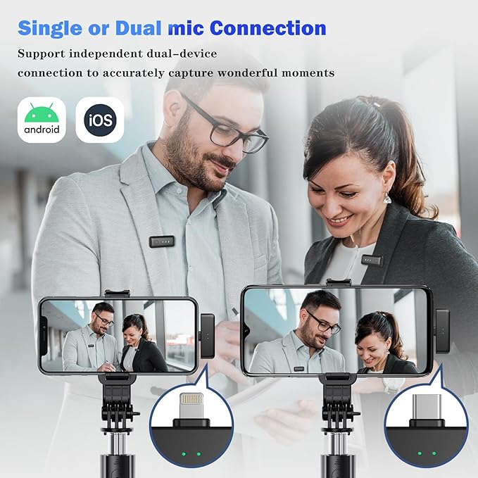 Wireless Microphone for iPhone 15 16, Android, Lavalier Mini Mic for Video Recording, Vlogging, Podcast, Clip on Lapel Microphone with Noise Reduction, 20H Charging Case, 70FT Transmission