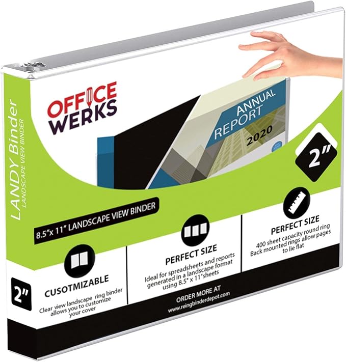 8.5" X 11" Landscape View Binder, 3-Ring 2 Inch Capacity Round Ring, White Horizontal Formatted with Clear Cover Pockets for Documents, Spreadsheets, Projects and More