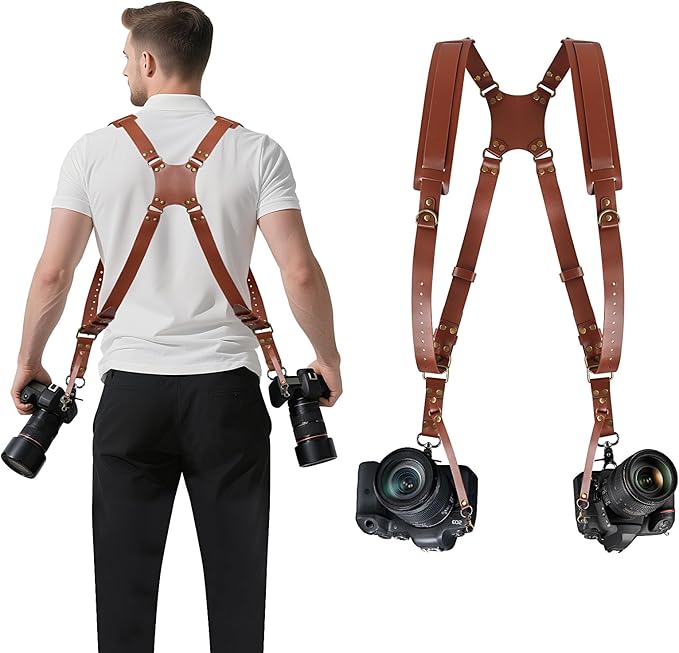 JUNART Camera Strap,Leather Dual Camera Harness with Shoulder Widening Stress Relief, Adjustable Camera Strap for Photographers for Two DSLR/SLR Cameras