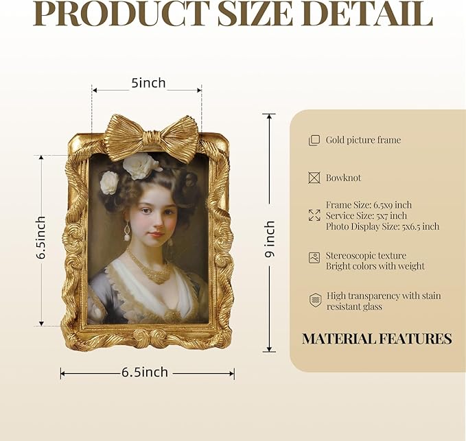Cuspin 5x7 Picture Frame Gold Bow Frames, Vintage 5 by 7 Photo Frame with Bowknot Design, Ornate Handcrafted Resin Antique Frame with Glass Front for Wall and Tabletop Display, Home Decor, Gift Ideas