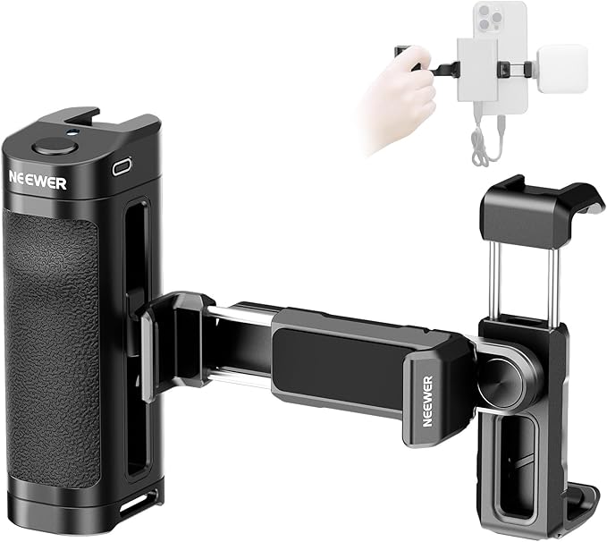 NEEWER Bluetooth Side Handle Shutter Release with 2.2"-3.2"/55-82mm 360° Phone Clamp & SSD Holder, Cold Shoes, 100mAh Rechargeable Battery Compatible with iPhone Samsung T5/T7/T9 SSD, PA028E