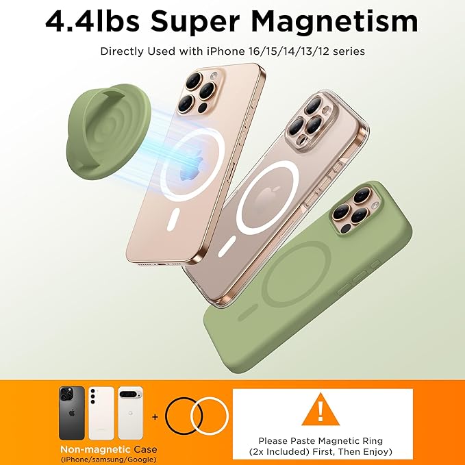 Magnetic Phone Grip Ring Holder, Liquid Silicone Magnet Cell Phone Grip Finger Loop, Compatible with Magsafe, Back of Phone for iPhone 17/16/15/14/13/12 Series, Tea Green