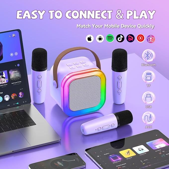 Upgraded Mini Karaoke Machine with 3 Wireless Microphones for Kids Girls Boys - Karaoke Party Speaker Christmas Birthday Gifts for 4 5 6 7 8 9 10 11+ Year Old - Kids' Instrument Accessories - Purple