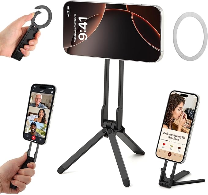 Magnetic Phone Tripod Foldable Aluminum Mini Tripod for i-Phones, Magnetic Pocket Phone Tripods Quick Mount Compatible with Mag-Safe for i-Phones 17/16/15/14/13/12