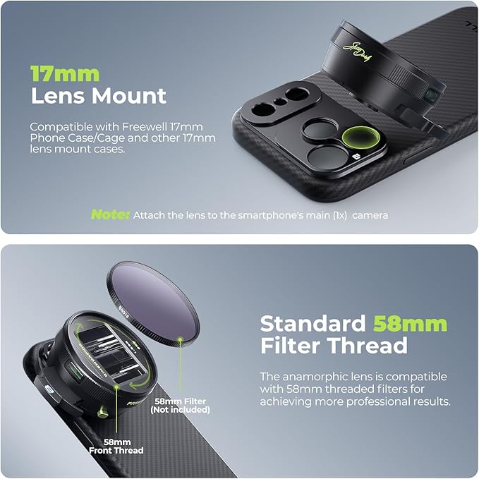 Freewell 1.55x Anamorphic Lens for iPhone & Samsung - 3-in-1 Streak (Neutral, Gold, Blue) - Cinematic Smartphone Lens with Oval Bokeh - Compatible with 17mm Mount Case & Cage