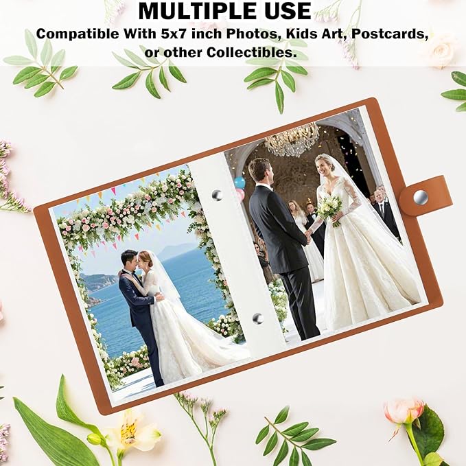 2 Pack Small Photo Album 5x7 Holds 52 Pictures Leather Cover 5 x 7 Album Mini Picture Book Acid Free Inner Pages Portable Albums Book for Wedding Family Boys Girls Art Work(Brown)