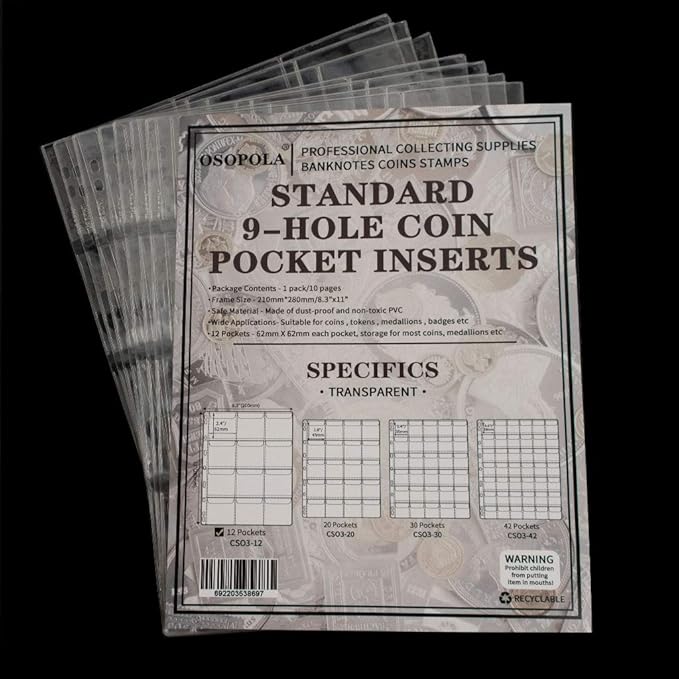 120 Pockets Coin Binder Pages - 2.44 inch Holders 10 pcs Loose-Leaf Sheets Acid-Free Collection Holders for Medallion Coin Stamp Currency Collecting Supplies 62x62 mm / 2.44x2.44 inch CS03212