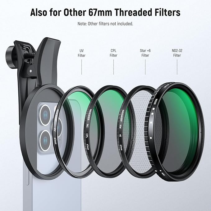 NEEWER 67mm Clip On Black Diffusion 1/4 Filter Compatible with iPhone, Phone Camera Lens Photography Accessories Kit Compatible with iPhone 17 16 15 Pro Max Plus 16e 14 13 mini, FL-B24