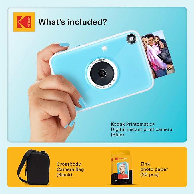 Kodak Printomatic+ Instant Print Digital Camera Starter Bundle + Carrying Case + Zink 20pk Sticky-Back Photo Paper - 10MP, Full-Color Photos, GB LED Status Indicator - Blue