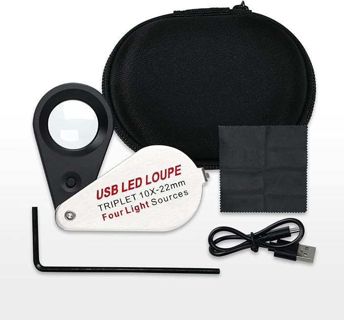 JuviPerpric 10X Jewelers Loupe with UV & LED Lights with Four Light Modes,22mm Portable Pocket Folable Loupe Jewelry Magnifier for Jewelry, Rocks, Coins (Sliver)