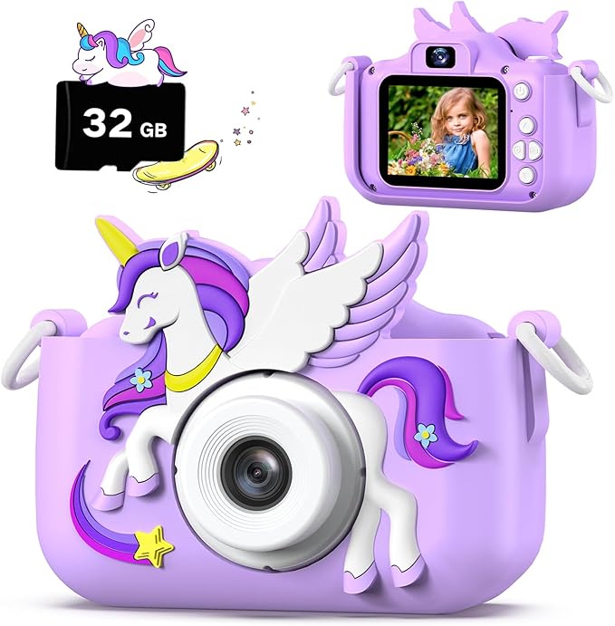 Upgrade Kids Camera for Boys Girls, Toddler Digital Selfie Camera with Cute Protective Cover and 32G SD Card, Christmas Birthday Gifts Toys for 3 4 5 6 7 8 9 10 11 12 Years Old Little Girls and Boys