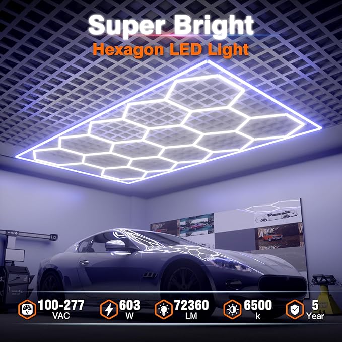 Hexagon Garage Lights, 14 Grids Hexagon LED Lights with Rectangle Frame, 603W 6500K Super Bright Honeycomb Light for Warehouse, Car Detailing Shop, Exhibition Hall, Gym(Blue)