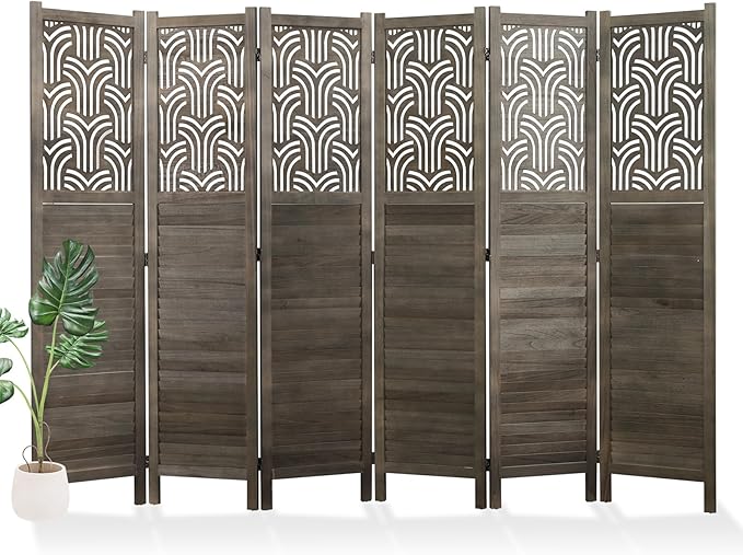 Folding Room Divider, 66.9 Inch 6 Panels Wood Carved Privacy Screens, Free Assembled Freestanding Portable Separation Wall for Home Office Restaurant Bedroom (Gray)
