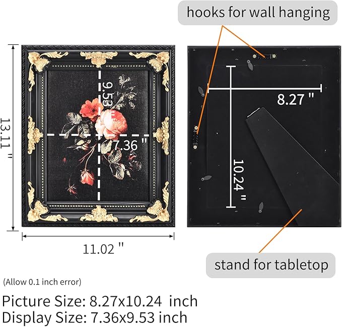 8x10 Vintage Picture Frame with Real Glass - Black Solid Wood Frame with Gold Embossed Flower, Ornate Wooden Photo Frame for Wall Mount & Tabletop Display